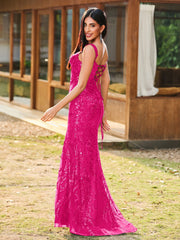 Sheath/Column Sparkling Sequins Gown with Slit Fuchsia