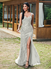 Sheath/Column Sparkling Sequins Gown with Slit Ivory