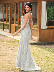 Sheath/Column Sparkling Sequins Gown with Slit Ivory