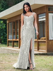 Sheath/Column Sparkling Sequins Gown with Slit Ivory