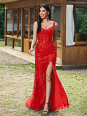 Sheath/Column Sparkling Sequins Gown with Slit Red