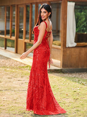 Sheath/Column Sparkling Sequins Gown with Slit Red