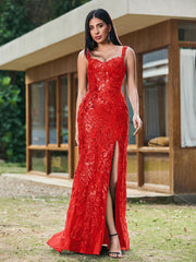 Sheath/Column Sparkling Sequins Gown with Slit Red