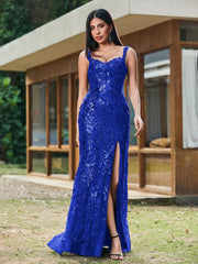 Sheath/Column Sparkling Sequins Gown with Slit Royal Blue