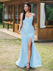 Sheath/Column Sparkling Sequins Gown with Slit Sky Blue