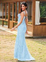 Sheath/Column Sparkling Sequins Gown with Slit Sky Blue