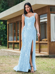 Sheath/Column Sparkling Sequins Gown with Slit Sky Blue