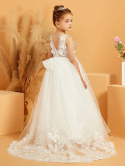 Lace Top Tulle Flower Girl Dress with Bow
