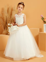 Lace Top Tulle Flower Girl Dress with Bow