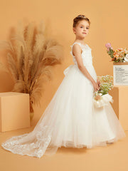 Lace Top Tulle Flower Girl Dress with Bow
