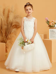 Lace Top Tulle Flower Girl Dress with Bow