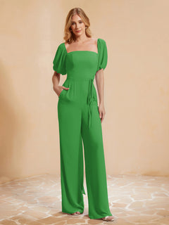 Pleated Chiffon Jumpsuit with Belt Green