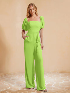 Pleated Chiffon Jumpsuit with Belt Lime Green