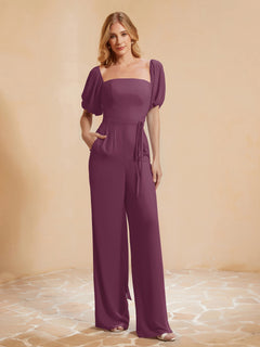 Pleated Chiffon Jumpsuit with Belt Mulberry
