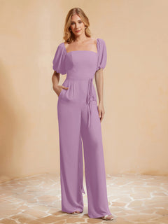 Pleated Chiffon Jumpsuit with Belt Wisteria