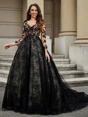 Lace Flower Appliqued Ball Gown Black