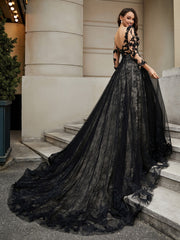 Lace Flower Appliqued Ball Gown Black