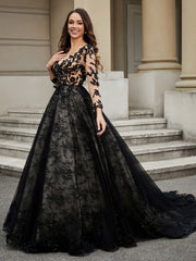 Lace Flower Appliqued Ball Gown Black