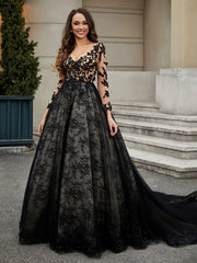 Lace Flower Appliqued Ball Gown Black