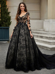 Lace Flower Appliqued Ball Gown White