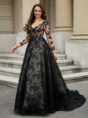 Lace Flower Appliqued Ball Gown Black