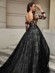 Lace Flower Appliqued Ball Gown Ivory