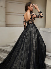 Lace Flower Appliqued Ball Gown Black