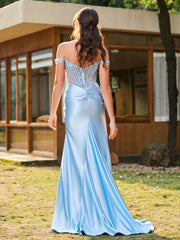 Mermaid Lace Appliqué Ruched Gown with Side Slit Sky Blue