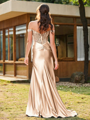 Mermaid Lace Appliqué Ruched Gown with Side Slit Champagne