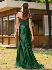Mermaid Lace Appliqué Ruched Gown with Side Slit Dark Green