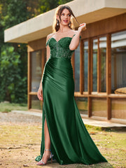 Mermaid Lace Appliqué Ruched Gown with Side Slit Dark Green