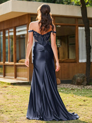 Mermaid Lace Appliqué Ruched Gown with Side Slit Dark Navy