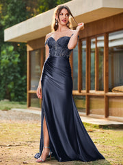 Mermaid Lace Appliqué Ruched Gown with Side Slit Dark Navy