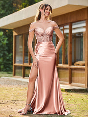 Mermaid Lace Appliqué Ruched Gown with Side Slit Dusty Rose