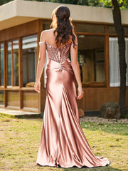 Mermaid Lace Appliqué Ruched Gown with Side Slit Dusty Rose