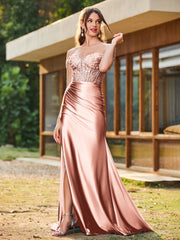 Mermaid Lace Appliqué Ruched Gown with Side Slit Dusty Rose