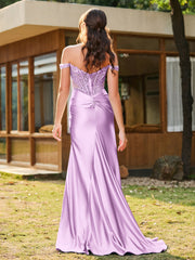 Mermaid Lace Appliqué Ruched Gown with Side Slit Lilac