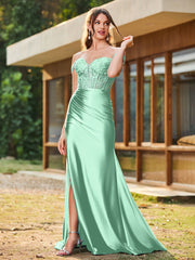 Mermaid Lace Appliqué Ruched Gown with Side Slit Mint Green