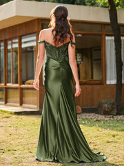 Mermaid Lace Appliqué Ruched Gown with Side Slit Olive Green