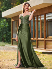 Mermaid Lace Appliqué Ruched Gown with Side Slit Olive Green