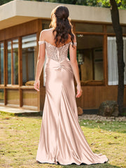 Mermaid Lace Appliqué Ruched Gown with Side Slit Pearl Pink