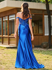 Mermaid Lace Appliqué Ruched Gown with Side Slit Royal Blue