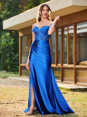 Mermaid Lace Appliqué Ruched Gown with Side Slit Royal Blue