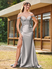 Mermaid Lace Appliqué Ruched Gown with Side Slit Silver