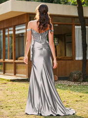 Mermaid Lace Appliqué Ruched Gown with Side Slit Silver