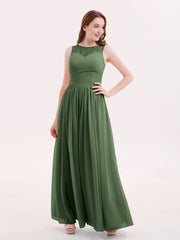 Chiffon Long Dresses with Illusion NECK Olive Green