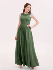 Chiffon Long Dresses with Illusion NECK Olive Green