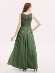 Chiffon Long Dresses with Illusion NECK Olive Green