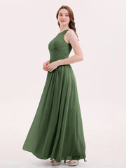 Chiffon Long Dresses with Illusion NECK Olive Green