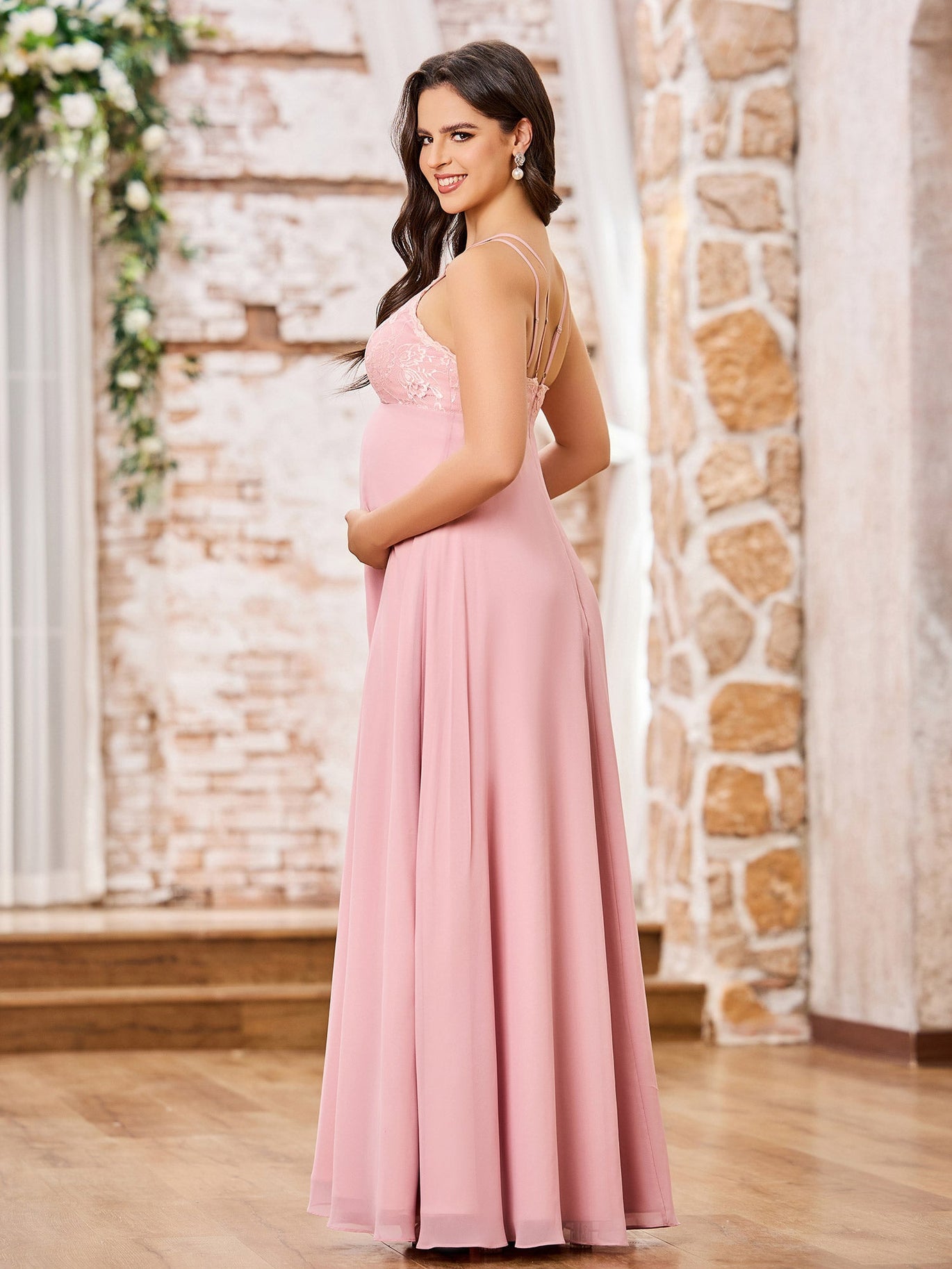 A-line Bateau Neck Lace Top Long Maternity Dresses Dusty Rose - Dusty Rose / UK4 A-line Bateau Neck Lace Top Long Maternity Dresses Dusty Rose - Dusty Rose / UK4